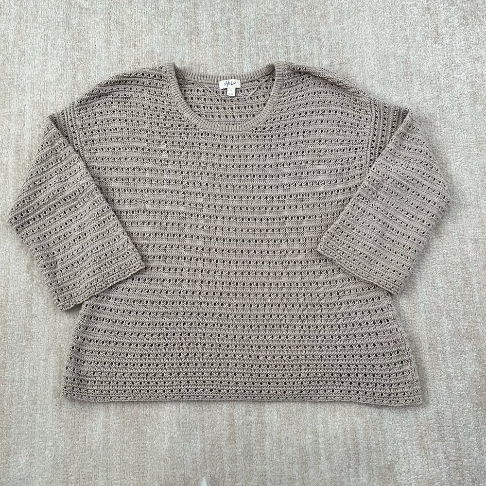 Style & Co Tan Cotton Boho Open Weave Sweater Knit Top L Summer Beach